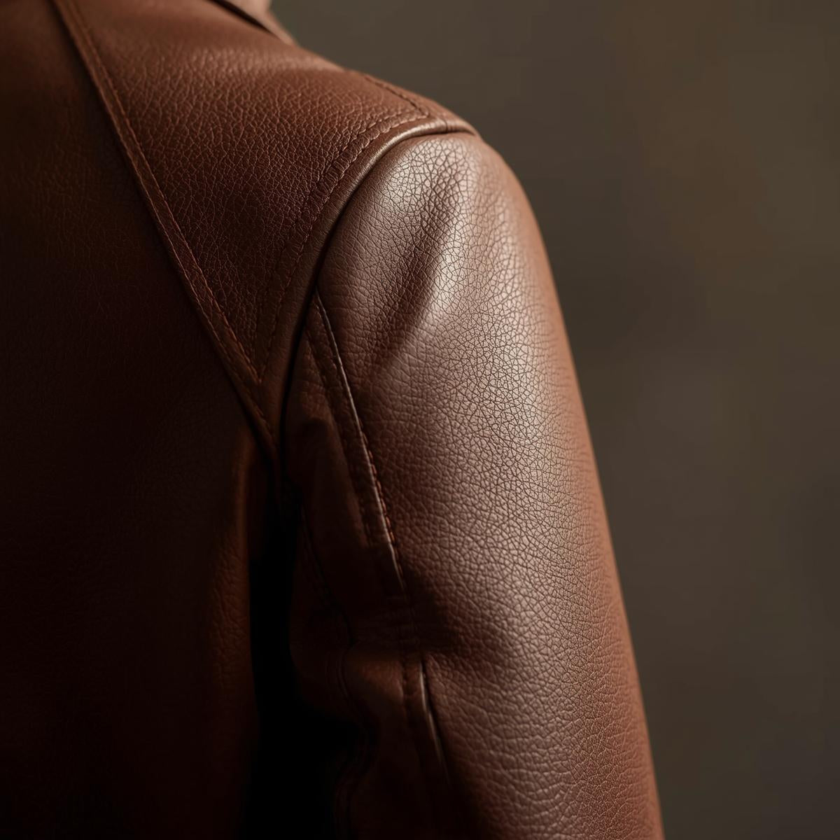 Close-up of a brown leather jacket on a dark background