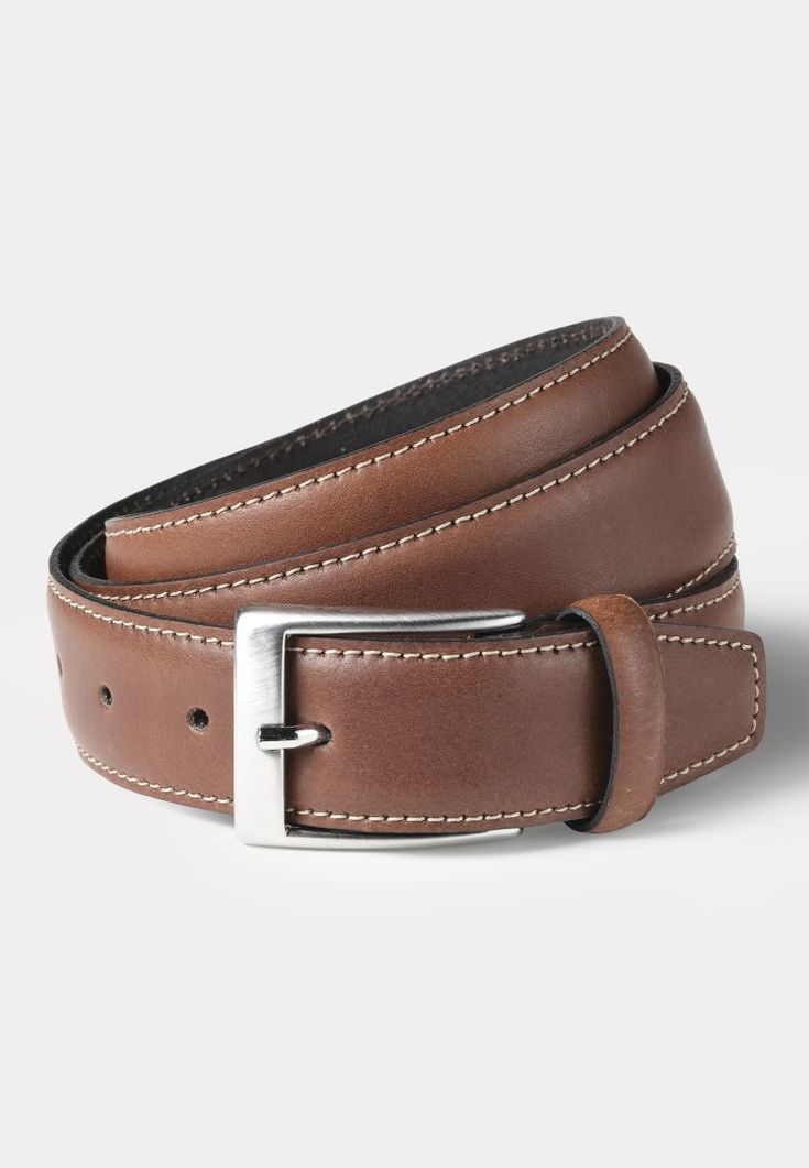 Brown leather belt with a silver buckle on a light gray background