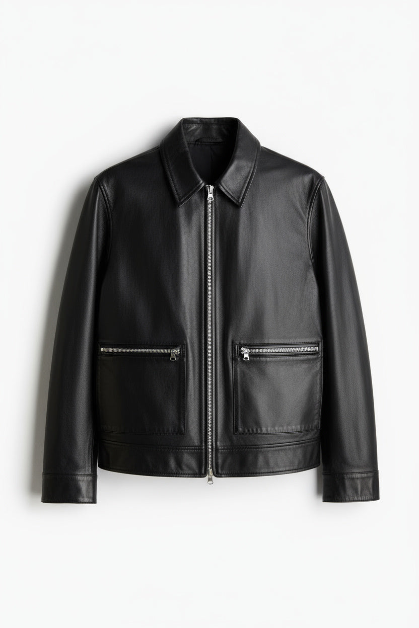 Black leather jacket on a white background