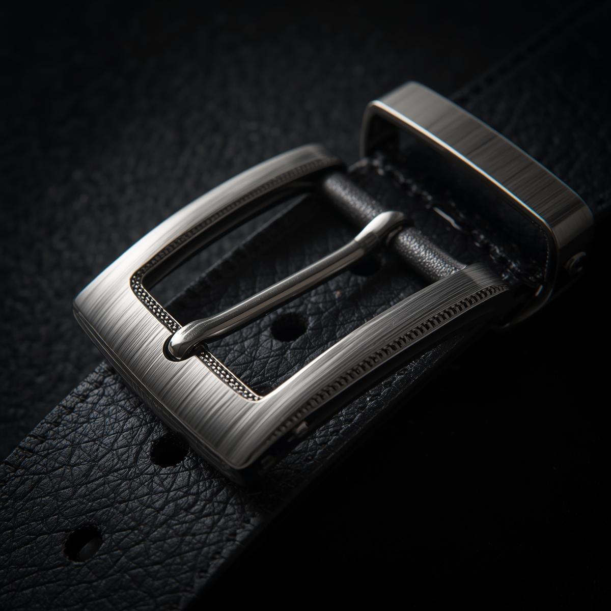 Close-up of a silver belt buckle on black leather