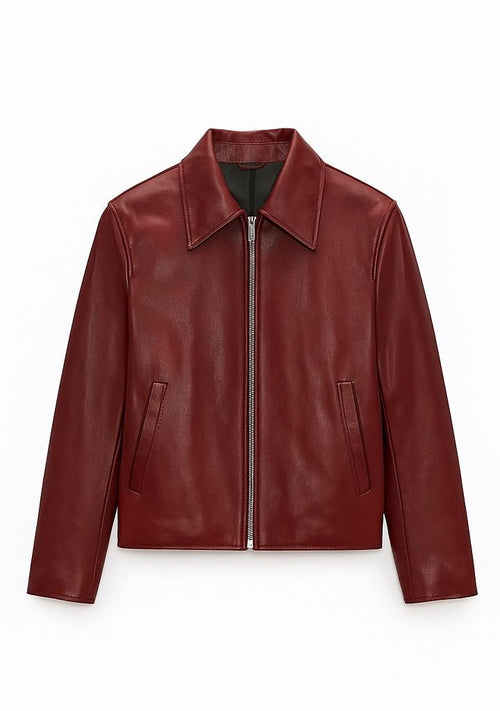 oxblood leather jacket on a white background