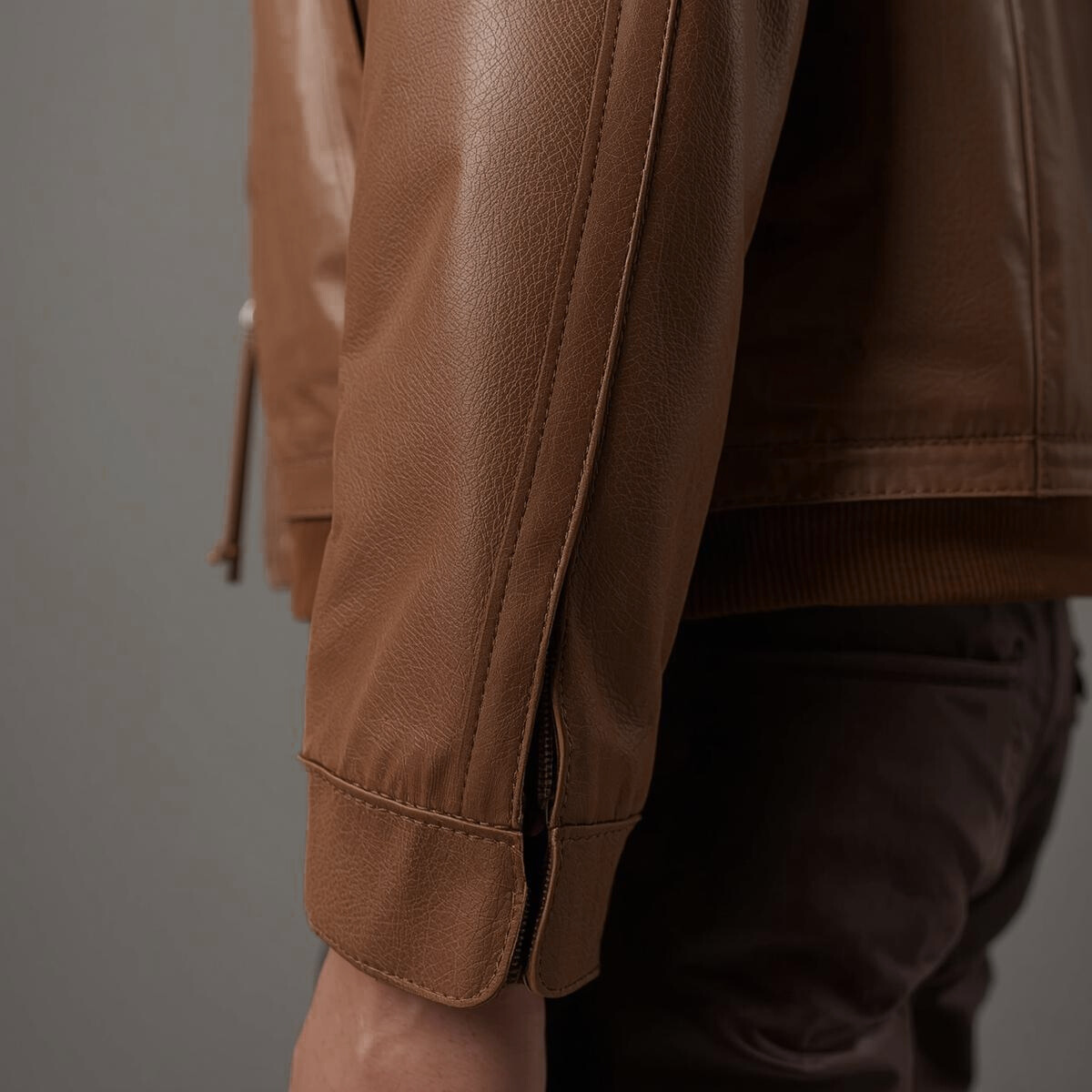 Brown leather jacket worn by a person on a plain background