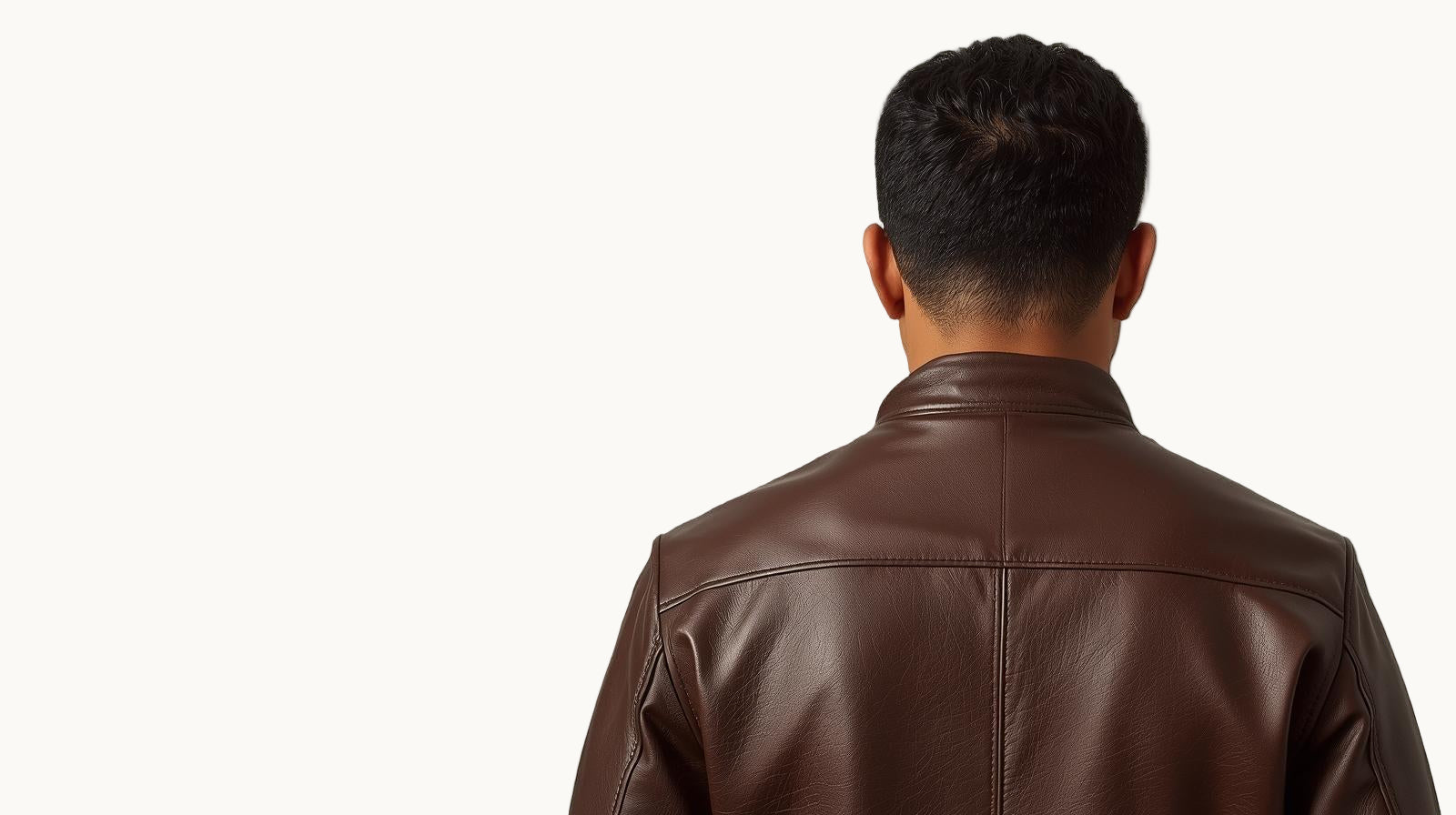 Man wearing a brown leather jacket on a white background